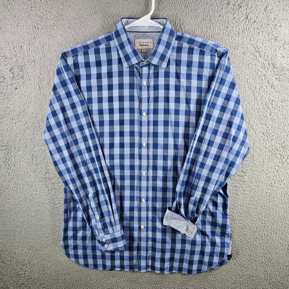 Ted Baker Endurance Mens Blue Gingham Check Cotton Button Down Shirt 16.5 34/35